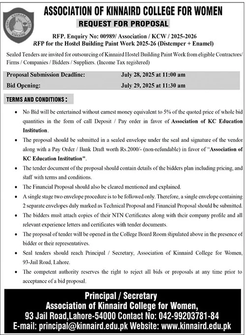 Association of Kinnaird College For Women Lahore Tender Notice